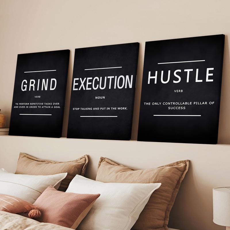 3pcs Wooden Framed Canvas Wall Art, GRIND, EXECUTION, HUSTLE Modern Classic Art Deco Style, Waterproof & Odorless HD 8K Print, Indoor/Outdoor Home Decor for Living Room, Bedroom, Office - Perfect Gift for Friends & Family