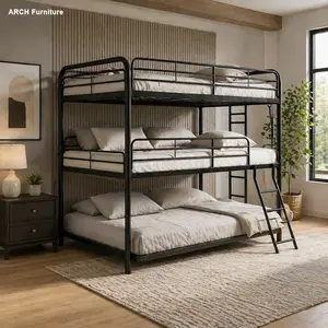 Modern Full-Size Stacked Triple Bunk Bed - 3 Full Sizes, Black, Easy Setup, Steel Bed Frames, Indoor Home Furniture