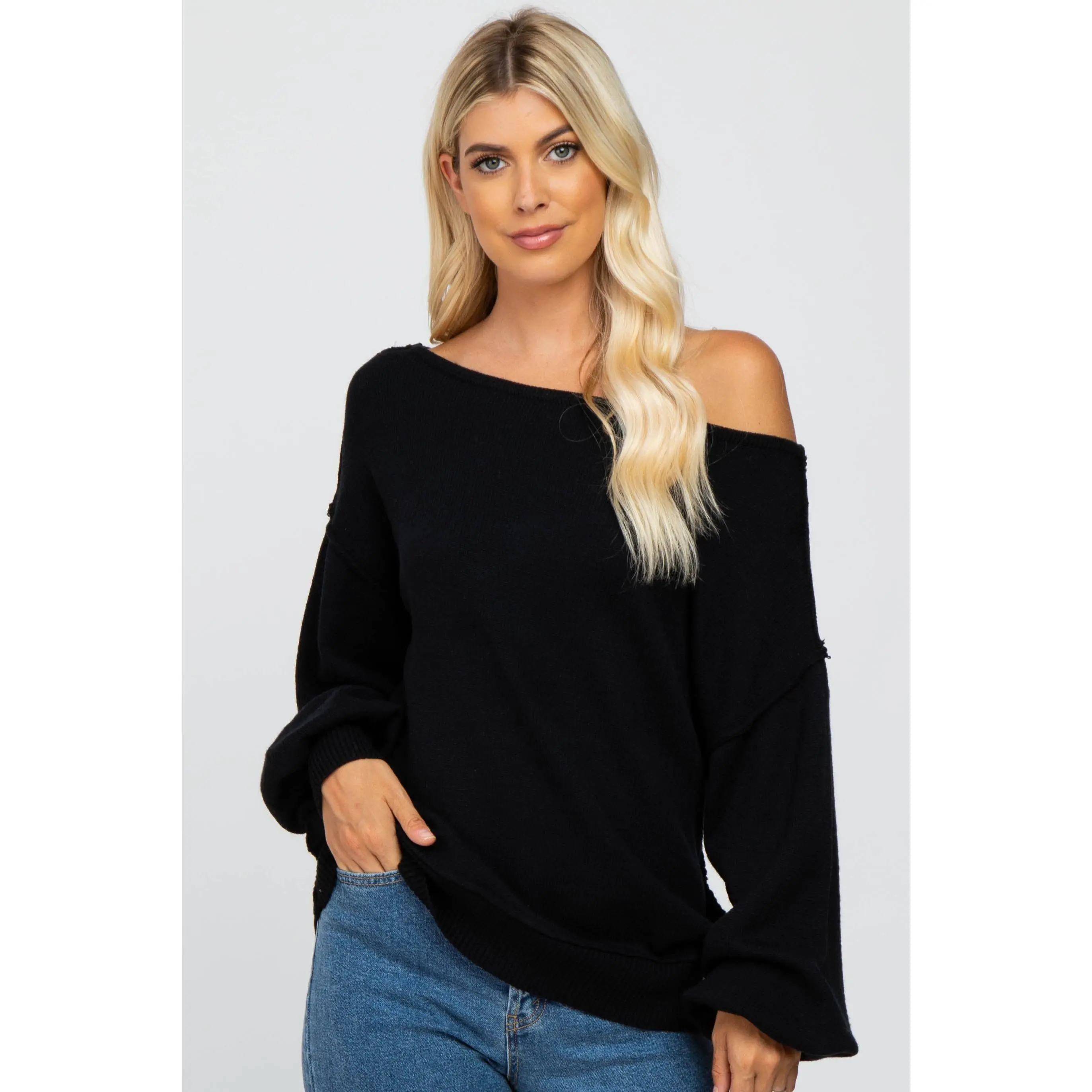 Black Boat Neck Bubble Sleeve Sweater, Knitwear, Long Sleeve, Dark Style Women's Pullovers