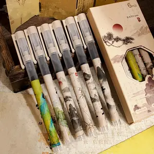 6pcs Boxed Chinese Ancient Style Landscape Painting Straight Liquid This Landscape Neutral Pen Student Examination 0.5mm Black Office Signature Pen