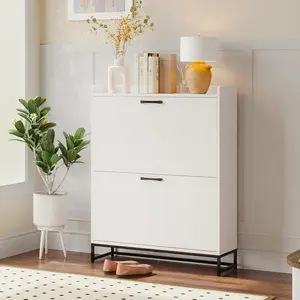 VOWNER Shoe Cabinet with 2 Flip Drawers , Contemporary Slim Shoe Cabinet with Adjustable  Shelves & Metal Legs, Freestanding Shoe Organizer with for Entryway, Hallway, Living Room, White shoe rack organizer