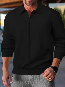 Men's Fitted Zipper Knitwear Cardigan, Premium Comfort Fabric, Casual Business Style, Lapel Design, Collared, Adjustable Warmth, Geometric Pattern