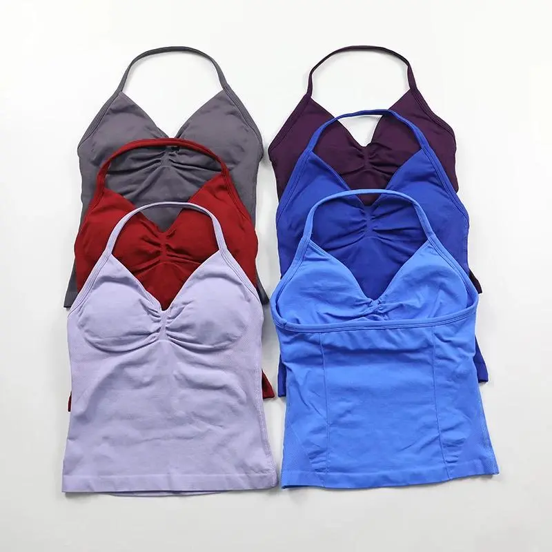 Women's Strappy Longline Sports Vest - Seamless Twill Knit, Built-in Bra, Scrunch Backless Contouring, Sleeveless Sporty Design, Soft Breathable Training Vest for Yoga, Upper Body Workout, Soft Breathable Vest
