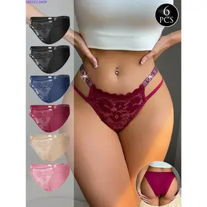 6-Pack Women’s Lace Thongs Set, Elegant Sheer G-String Underwear with Rhinestone Detail, Soft Breathable Seamless Lingerie for Daily Wear, Comfort & Special Occasion
