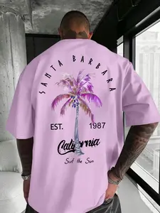 Men's Santa Barbara California Palm Tree Graphic T-Shirt, EST 1987 Surf The Sun Print Oversized Tee, Casual Streetwear Summer Short Sleeve #MensFashion #Streetwear #CaliforniaStyle #SummerTee #TikTokMadeMeBuyIt