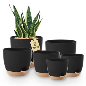 Bamworld Flower Pots Set of 6 Self-Watering Black 20.3 /17.8 /16.5 /15.2 /14 /12.7 cm Flower Pot Plant Pot with Saucer, Propagation Pots, Indoor Plants, Windowsill Decoration