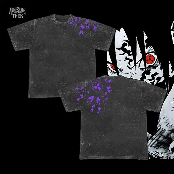Uchiha Sasuke Curse Mark Tee – Washed Naruto Anime T-Shirt, Heavyweight Oversized Streetwear, Vintage Manga Graphic, Dark Aesthetic Ninja Clan Merch, Gift for Shinobi Fans