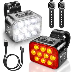 Lights Front and  for Night Riding, 10 LED Ultra Bright 8+9 Modes USB Rechargeable Bicycle Headlight and Taillight, IPX6  1100mAh  Light Set, 35 Hrs Long  Life
