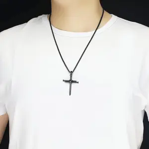 Men's Stylish Nail Cross Necklace Stainless Steel 24in Chain 3 Nails Jesus Pendant Christian Gift for Dad/Boyfriend/Husband Baptism Birthday Anniversary Gift Black/Silver/Gold