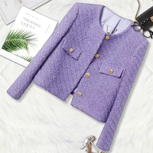 High end ladies' top with high-end temperament, new purple round neck small fragrant style coarse woolen coat