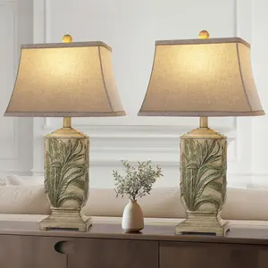 25" Vintage Table Lamps, 3 Color Temperature Rustic Retro Beside Lamp Set of 2, Farmhouse Resin Table Lamp for Living Room Bedroom Nightstands, Rotary Switch, Carved Leaf(2 Bulbs Included)