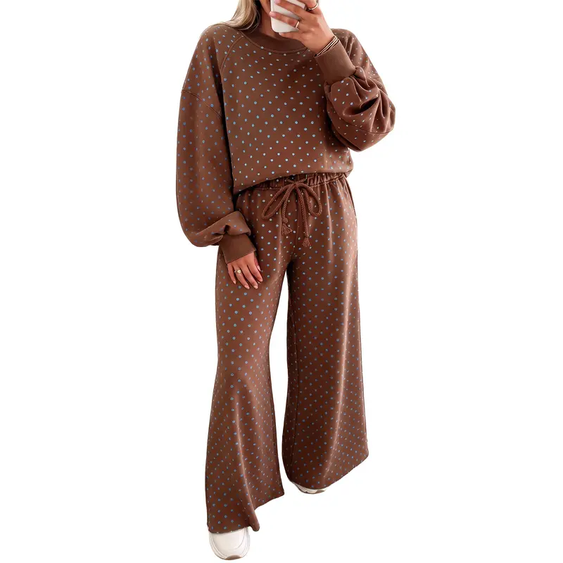 Asvivid Womens Polka Dot Round Neck Long Sleeve Top Ribbed Cuff Drawstring High Waist Wide Leg Trousers Co Ord 2 Piece Set Pocket Soft Relaxed Fit Cosy Casual Everyday Wear