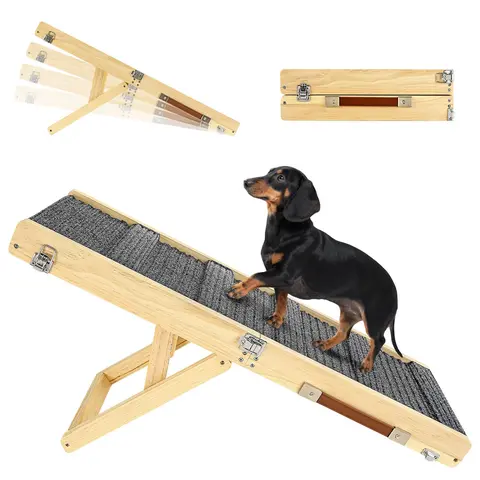 2026 Upgraded Wood Foldable Small Dog Ramp - 4 Adjustable Heights (13"-21"), Compact Size, Easy Storage, Portable Single Unit with Stable Platform & Non-Slip Pad for Low Bed Access