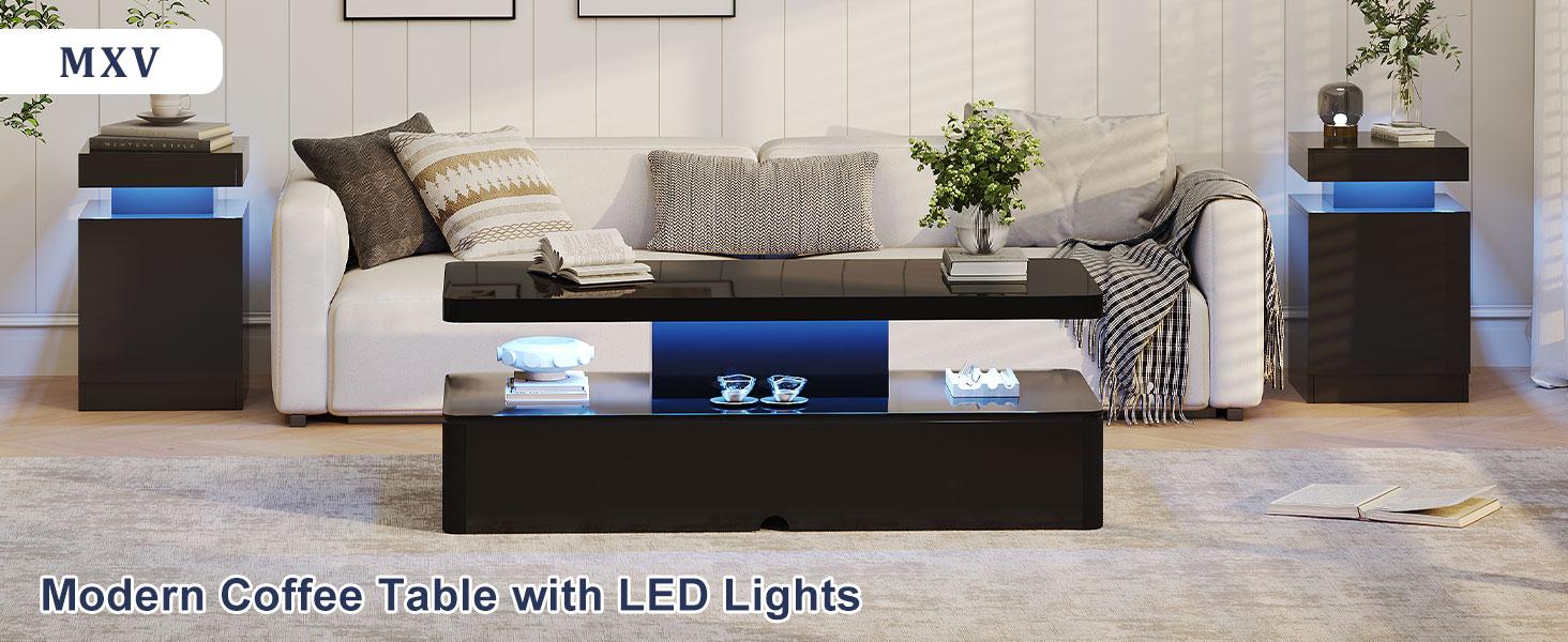 Modern Coffee Table, 40 Inches Coffee Tables with 16 Colors LED Lights, 2 Tier Rectangular Center Table, Large Storage Space, High Glossy Wooden Tea Table for Living Room, Bedroom, Office, Black