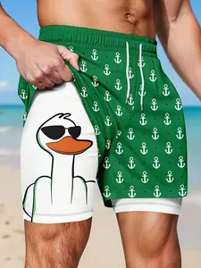 Men's American Street Style Duck Print Double-Layer Beach Shorts, Colorblock Inner Design, Comfortable and Versatile, Ideal for Vacation and Daily Wear