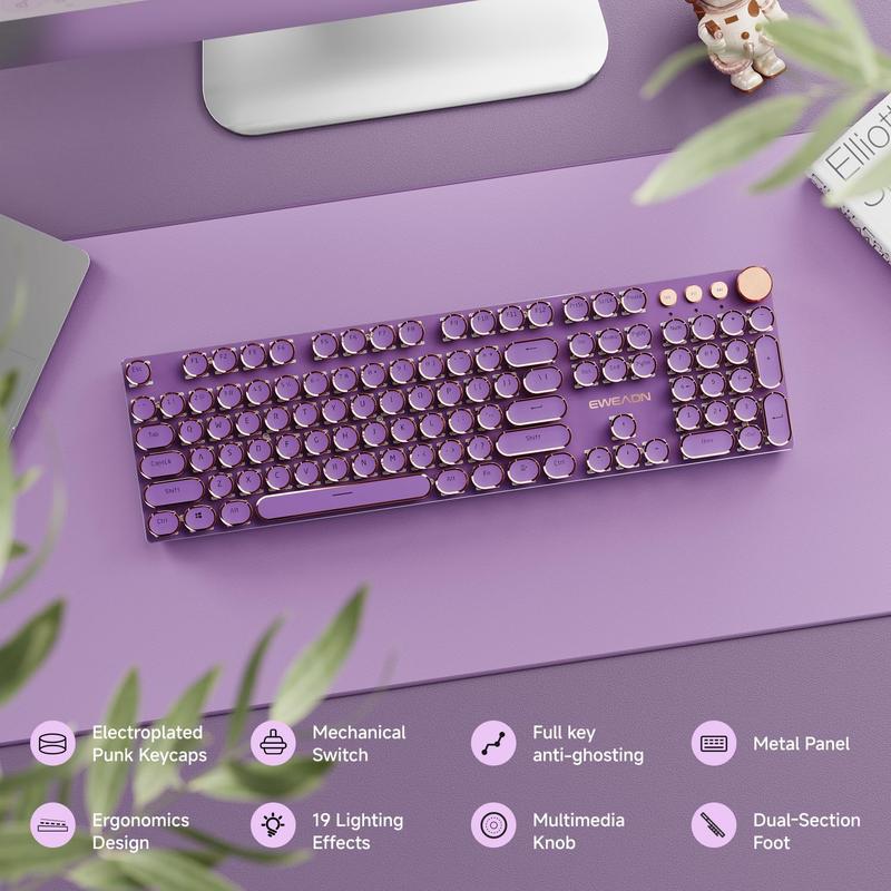 EWEADN Typewriter Style Mechanical Gaming Keyboard, Wired Mechanical Keyboards,104  Backlit LED Keyboards, Media Control Knob, Wired Computer Keyboard Pink  for Windows//PC-Purple