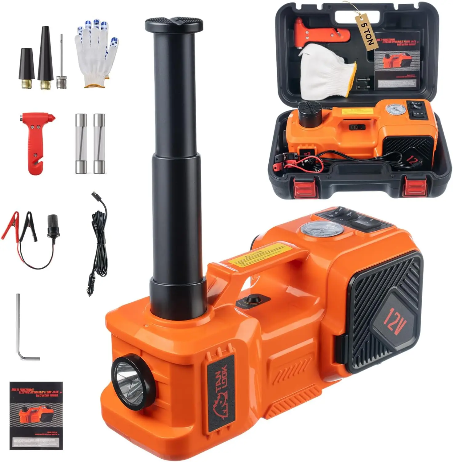 12V 5T Illumination Inflating 3 Function Electric Hydraulic Jack Impact Wrench & Air compressor