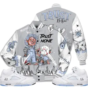 Retro White Metallic 5s Outfit Varsity Jacket, Scary Trust No One Unisex Shirts To Matching Sneaker