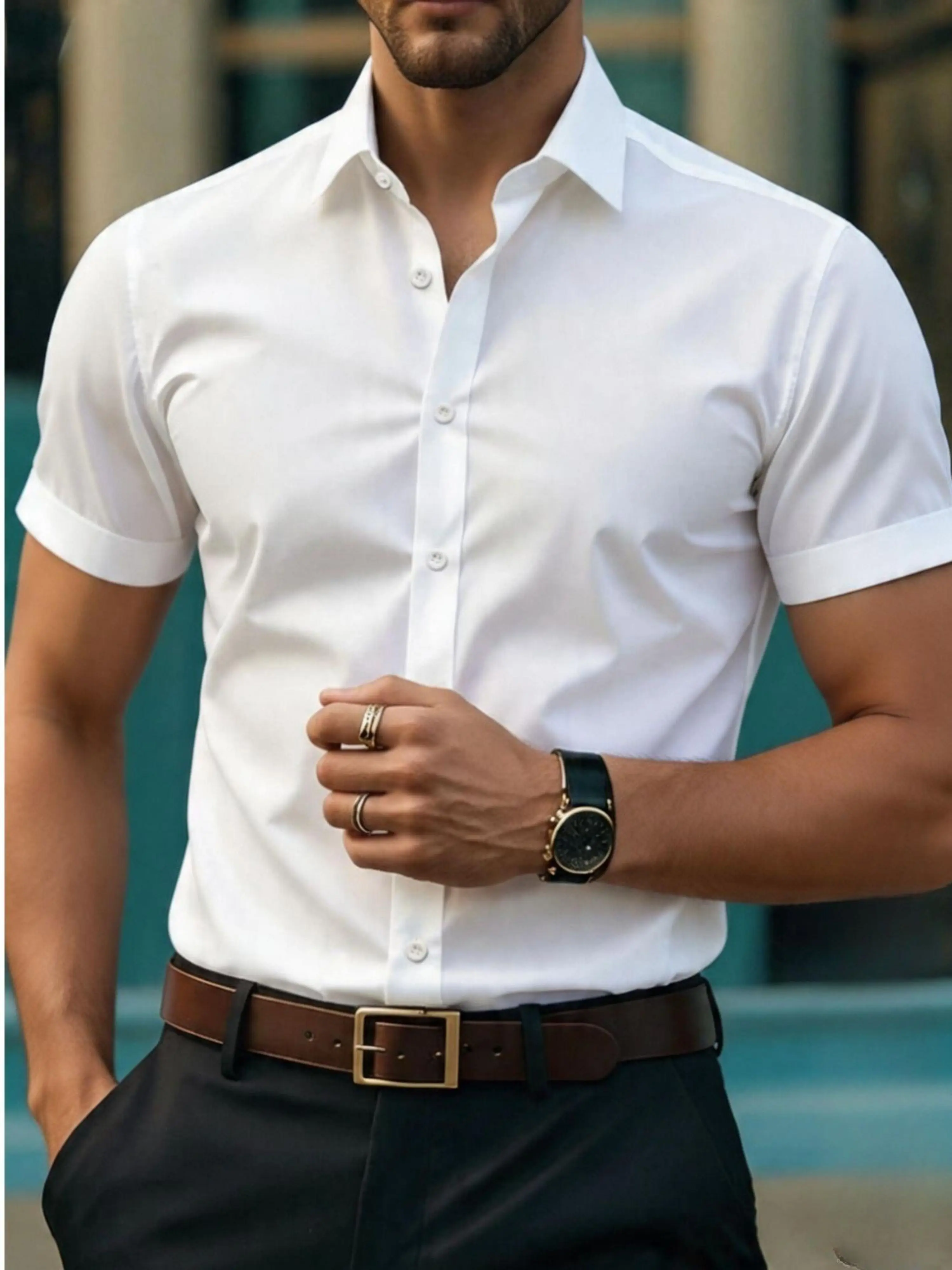 Men's Plain Slim-Fitting Shortsleeve Collared Button-Down Business Casual Dress Shirt - Versatile for Work Menswear Top, Warm-Day Shortsleeve, S(110), M(115), L(120)