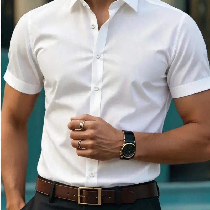 Men's Plain Slim-Fitting Short-Sleeve Collared Neck Button-Down Business Casual Shirt - Versatile and Stylish Casual Fitted Dress Shirt for Commuting, Warm Days, S(110), M(115), L(120)