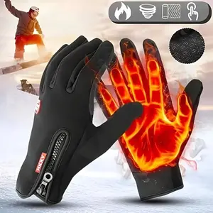 [Ideal Thermal Gloves for Outdoor] Winter Touchscreen Thermal Gloves, Windproof Waterproof, Ideal for Outdoor Cycling, Fishing, Running - Knitted Polyester Fabric with Zip Closure