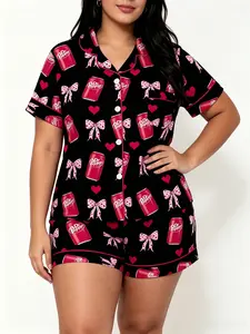 Adorable Soda Bottle & Bow Print Pajama Set, Soft Short Sleeve Top + Elastic Shorts, Teen Girls' Casual Home Wear, Trendy Sweet Style