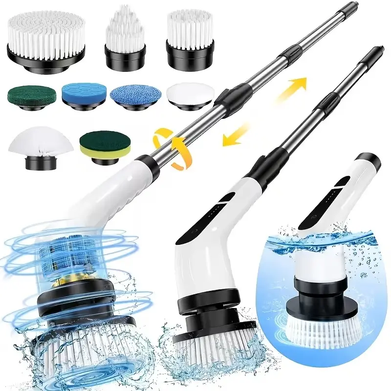 Wireless Electric Spin Scrubber Cleaning Brush with Handle, Upgraded 90-Minute Runtime Battery, IP65 Waterproof Power Cleaner, 9 Brush Heads, 2 Adjustable Speeds, Stainless Steel Long Handle, 24-Month Return & Exchange for Bathroom, Floor