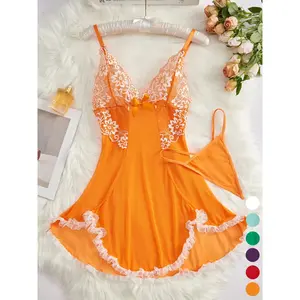 Women’s camisole sleepwear with contrasting lace bow decoration, romantic spaghetti straps and a backless design; breathable four-season sleepwear for women; National Day discount GARMENTARY