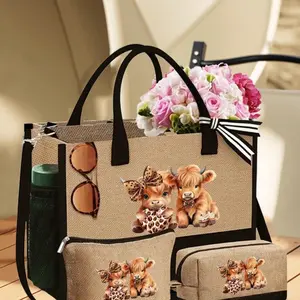 Cute Highland Cow Beach Bag Set, Includes Handbag and Makeup Bags, Customizable Gift Bag, Travel Organizer, Portable Lightweight Foldable, Travel Folding Bag