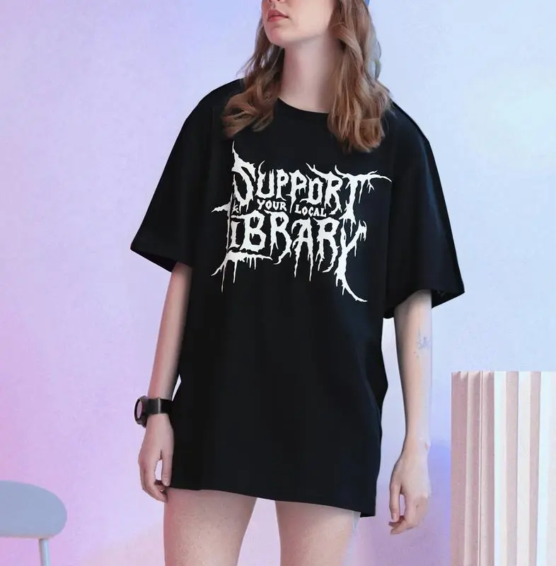 100%cotton Death Gothic Print Support Your Local Library Style Lovers T-Shirt Menswear Top Vintage Distressed