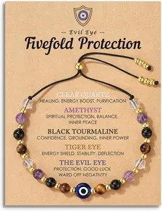 September Laurel  Evil Eye Dainty Bracelet – Natural Crystal Protection Bracelet with 5 Healing Stones (Clear Quartz, Amethyst, Black Tourmaline, Tiger Eye), Adjustable Spiritual Guardian Jewelry Gift with Meaning Card