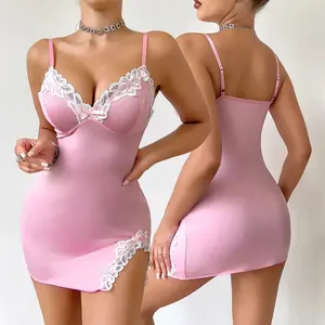 Summer Women Nightdress Seductive Pink Deep V Sleeveless Fashion Lace Sleep Pajamas Dress Ladies Lingerie Nightgown Homewear