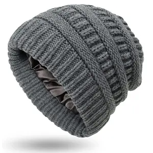 Luxury Winter Beanie Hats Cozy Satin-Lined Cable Knit for Women & Men - Silk Interior, Thick Chunky Cap Soft & Warm Slouchy Hat for Outdoor Activities