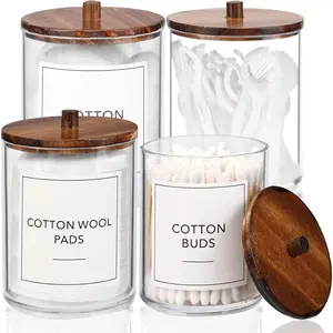 4 Pack Qtip Holder Dispenser with   - 10 oz Clear Plastic  Jar Containers for  Makeup Organizer Storage - Bathroom Accessories Set for  Swab,Pads, Ball, Floss