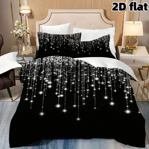 2D Flat 3Pcs Bedding Starry Night Galaxy Design Duvet Cover with Pillowcases Shimmering Stars Black Microfiber Fabric Elegant Modern Luxury Bedroom Decor Queen King Size Quilt Cover Bedroom Bedding Set Christmas Gift