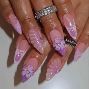 24 Pcs Lavender Almond Shape Nail Tips, 3D Butterfly Wings & Flower Design, Pearl Rhinestone Decor, Glossy Reusable False Nails