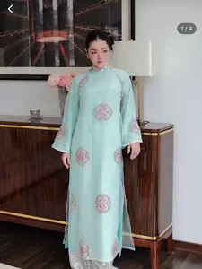 Blue Ao Dai Tet 2026 Women's Elegant Chiffon Ao Dai with Silk Pants for Wedding Guests Complete Outfit