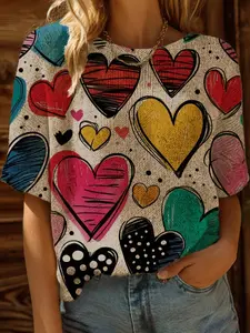 Spring Summer Knit Top, One Shoulder Heart Print Short Sleeve Fitted, Casual Elegance Commuter Wear, Bohemian Vacation Beach Knit Shirt, Aesthetic Blouse Chic Knitted Womenswear