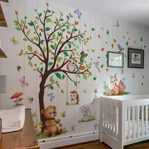 Cartoon Animal & Tree Pattern Wall Sticker, 4 Counts/set Self Adhesive Wall Decal, Wall Art Decorative Sticker for Home Bedroom Living Room, Graphic Decal, Adhesive Stickers