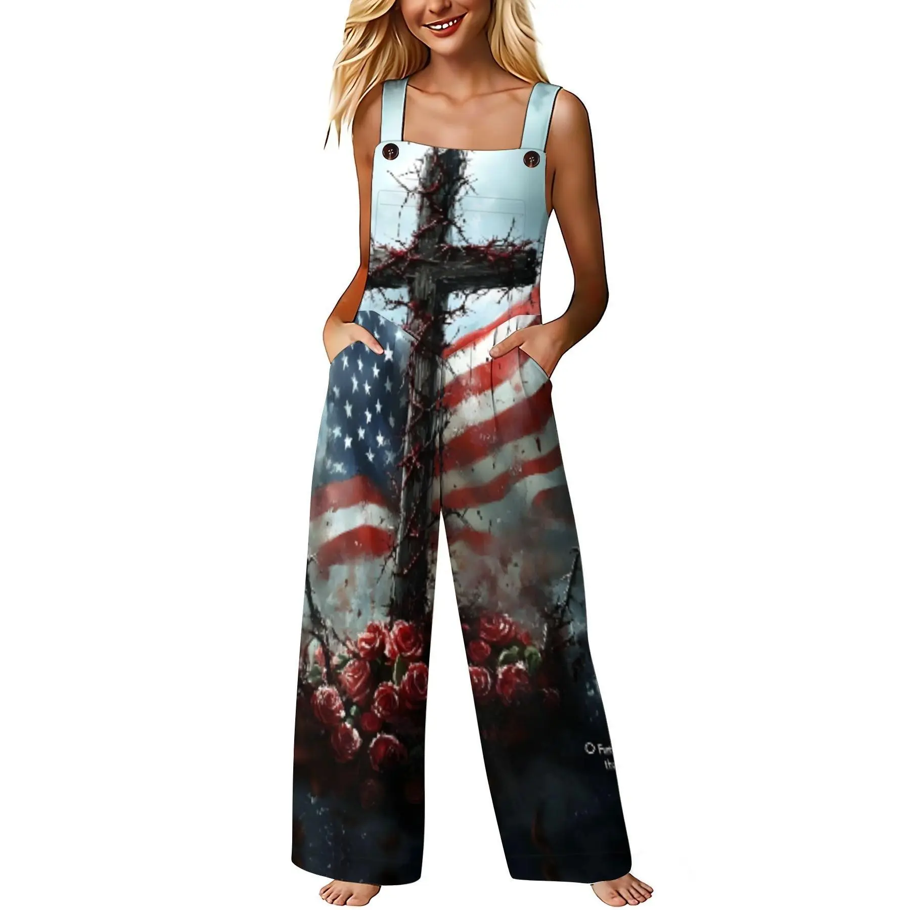 Womens American Flag Cross Print Wide Leg Overalls Sleeveless Square Neck High Waist Jumpsuit With Pockets For Patriotic Holiday 4th Of July Wear