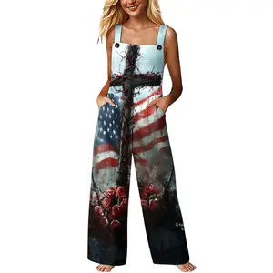 Womens American Flag Cross Print Wide Leg Overalls Sleeveless Square Neck High Waist Jumpsuit With Pockets For Patriotic Holiday 4th Of July Wear