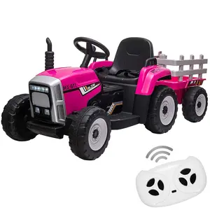 【GARVEE】12V Electric Tractor with Trailer for Toddlers, Featuring Remote Control, 7-LED Headlights, 2+1 Gear Shift, Music Player, USB Port, 35W Motor, EVA Tires, Suitable for Ages 3-6, Rose Red