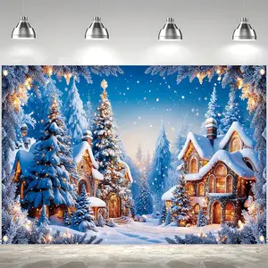 1pc 2D Flat Christmas Town Pine Snow Scene Backdrop Banner - Winter Wonderland Party Decor with Snowy Houses, Trees & Twinkling Lights - Durable Polyester Fabric, Easy Hang Indoor/outdoor Decorat Ornaments White Decoration