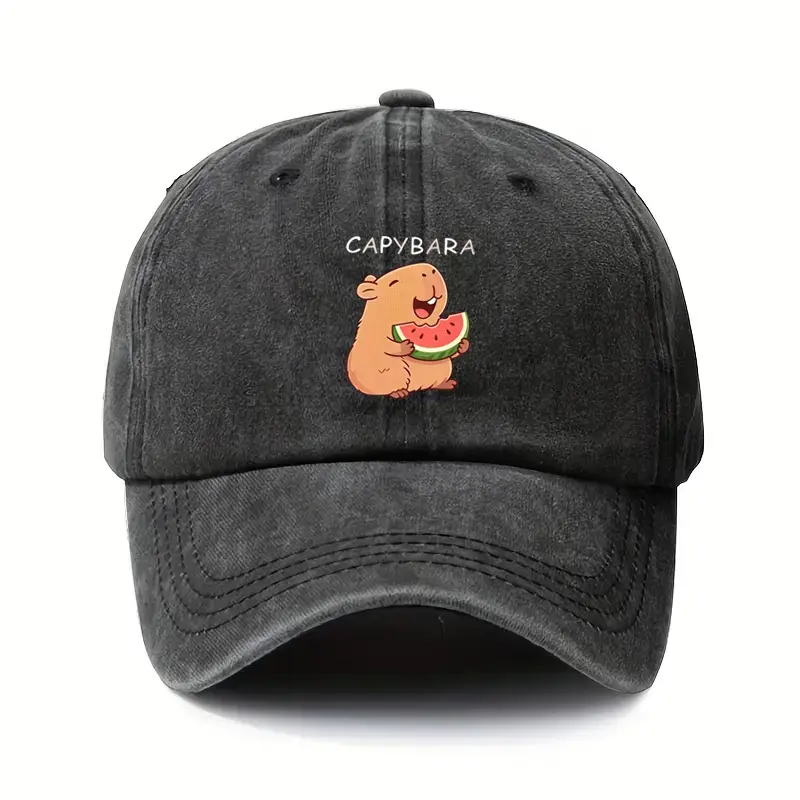 Vintage Capybara Eating Watermelon Washed Cap, Aesthetic in Cotton Denim, Adjustable & USA Made, Daily Casual Outdoor
