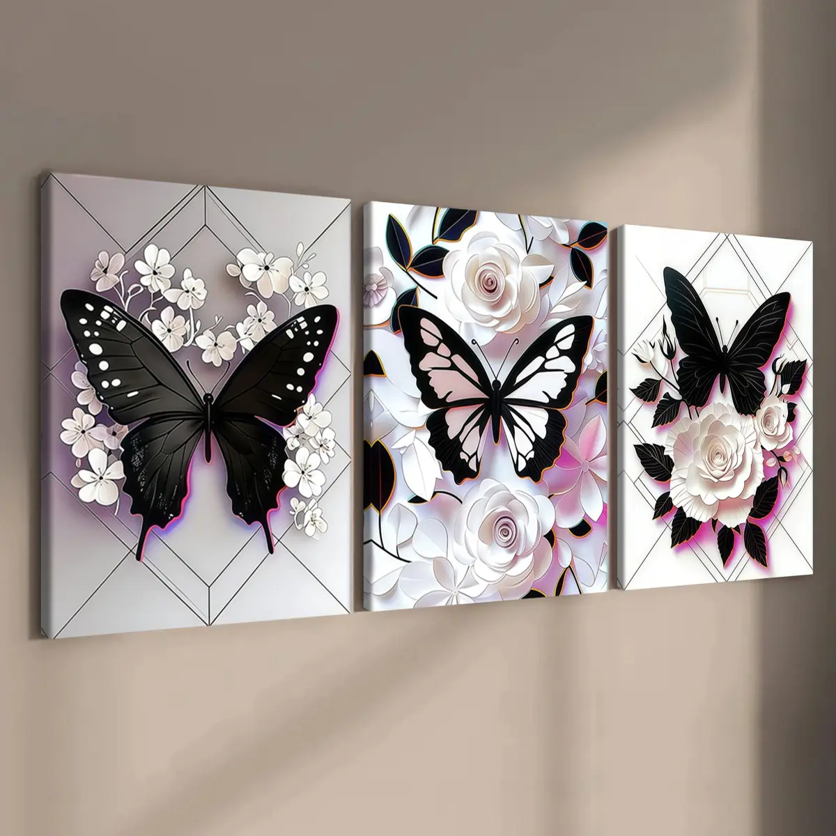3-count wooden frame canvas, dreamy black and white butterfly and flower art poster, romantic room decoration, modern family poster, fashionable living room decoration, Decorative Wall Art, suitable for corridor, bedroom walls, waterproof art Artwork