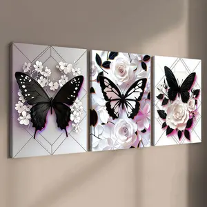 3-count wooden frame canvas, dreamy black and white butterfly and flower art poster, romantic room decoration, modern family poster, fashionable living room decoration, suitable for corridor, bedroom walls, waterproof art, Floral Abstract Design