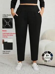 Plus Size Solid Plicated Pocket Elastic Waist Joggers, Casual Sporty High Waist Trousers for Women, Women's Sportswear for Indoor Outdoor Wear, Women Workout Clothes, Fitness Trousers