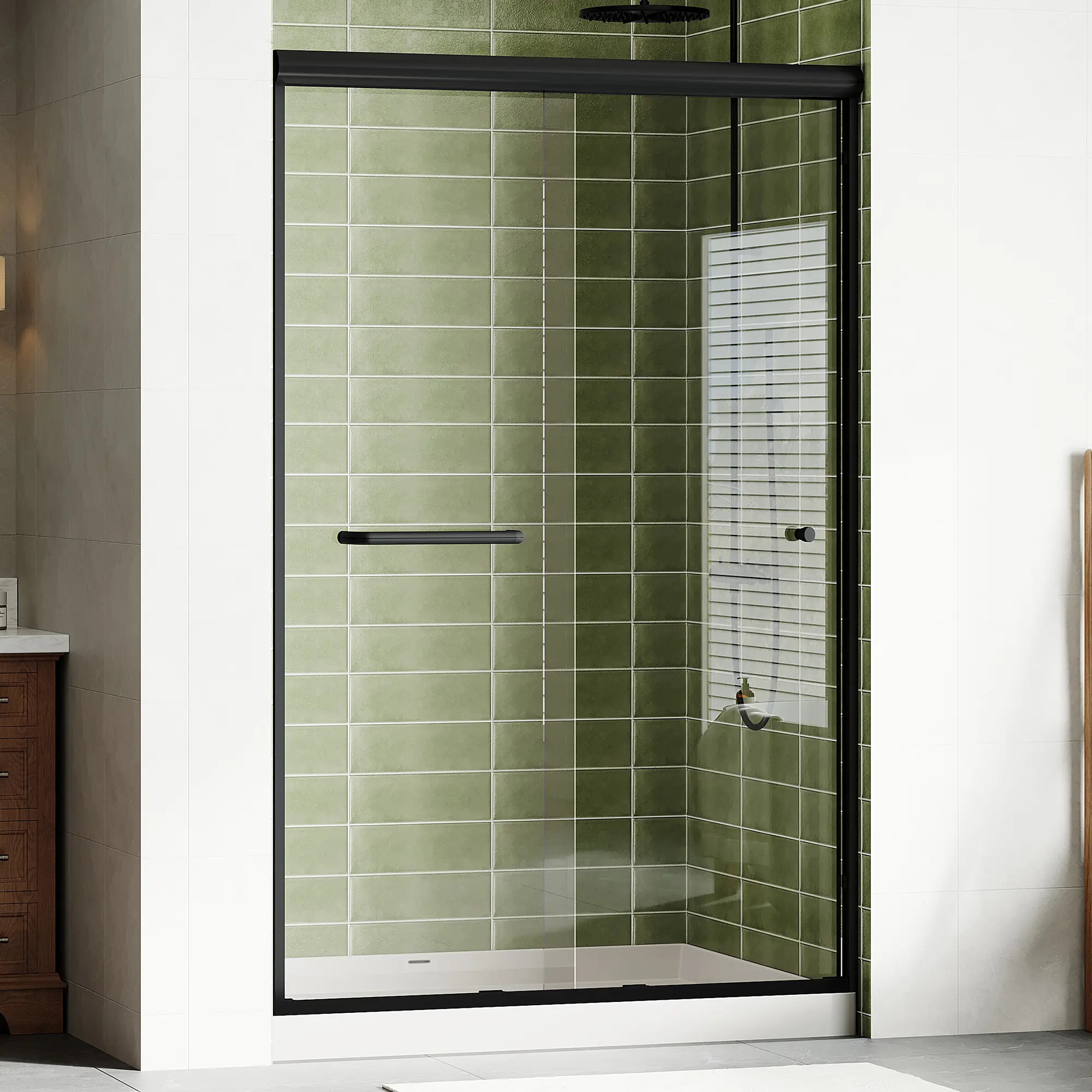 [SummerSale]AMERLIFE Semi-Frameless Walk-in Sliding Shower Door, 3 Sizes Available, 4" Adjustable Design, 1/4in Thick Tempered Glass, Matte Black Aluminum Alloy Frame, Rust-Proof Modern Bathroom Door, Rust-Proof Sliding Doors