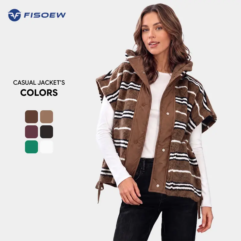 Fisoew Women's Multi-Size Chocolate Striped Sherpa Fleece Vest - Oversized Stand Collar Outerwear with Snap Buttons, Elegant Women's Clothing Top for Layered Wear