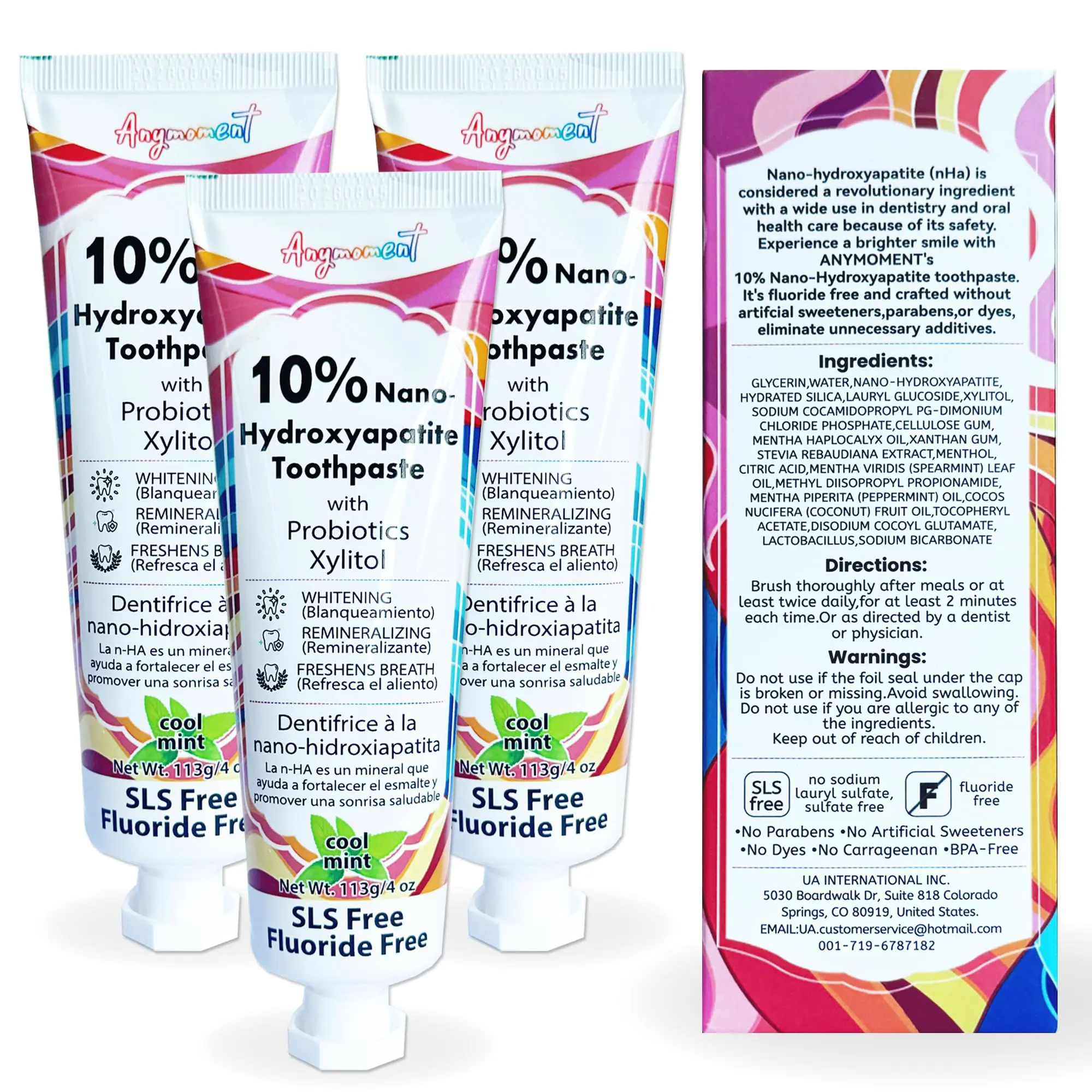 Anymoment 10% Nano Hydroxyapatite Toothpaste for Enamel Repair and Whitening, Relieves Sensitive Teeth, Minty Fresh, Fluoride-Free, 3 Pack, Peppermint, Gum Health, Multi-Pack, Menthol, Stain Remover, Vegan